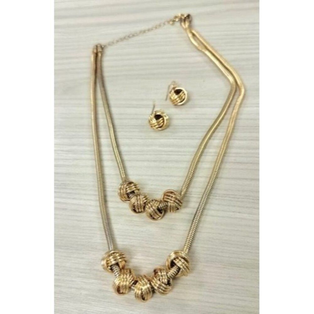 Gold-Tone Double Layer Snake Knotted Bead Necklace Earrings Set Adjust Chain 10"